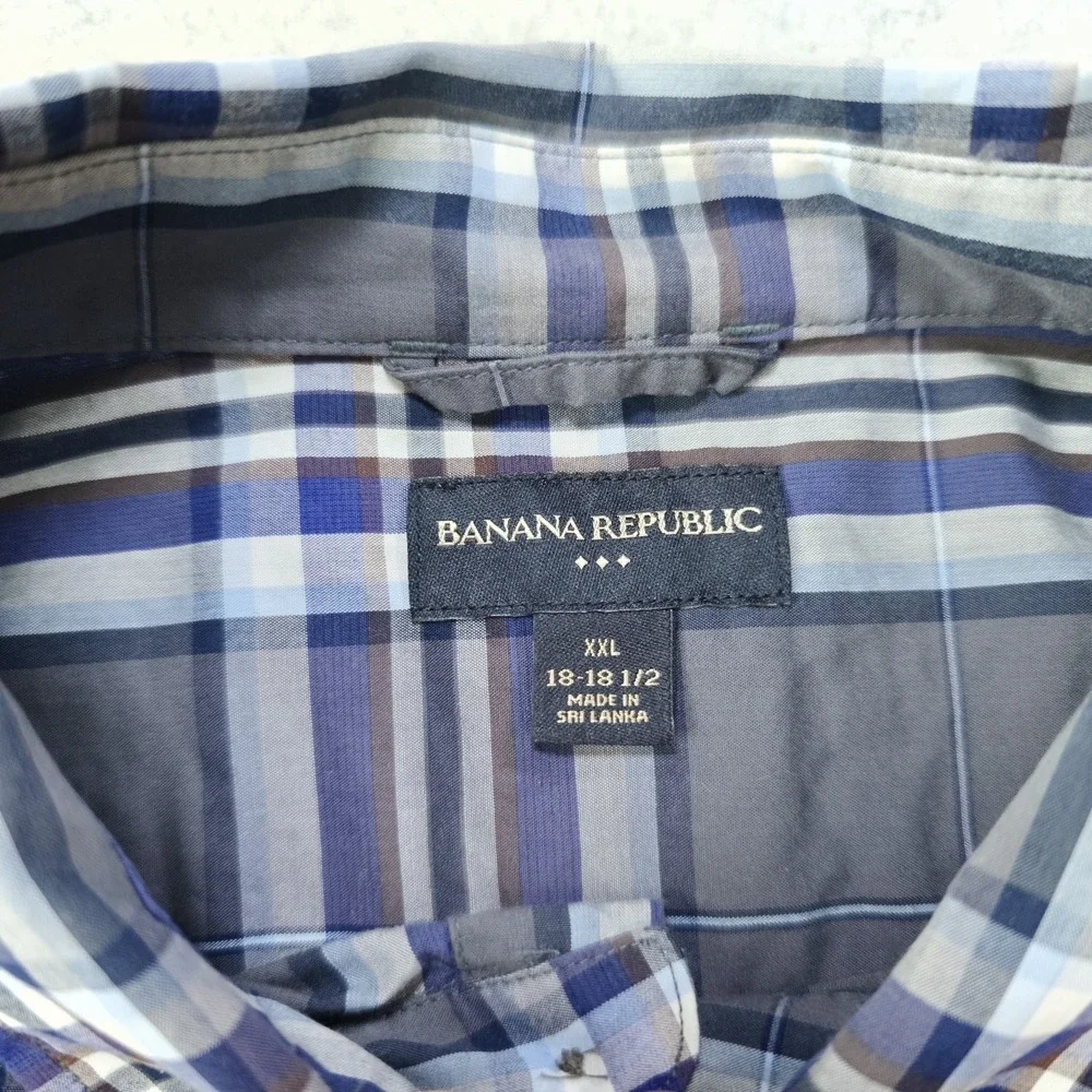 Banana Republic‎ Shirt Mens 2XL 18 18.5 Gray Blue Plaid Long Sleeve Button Up